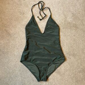Deep V Halter One-Piece Swimsuit in Forest Green